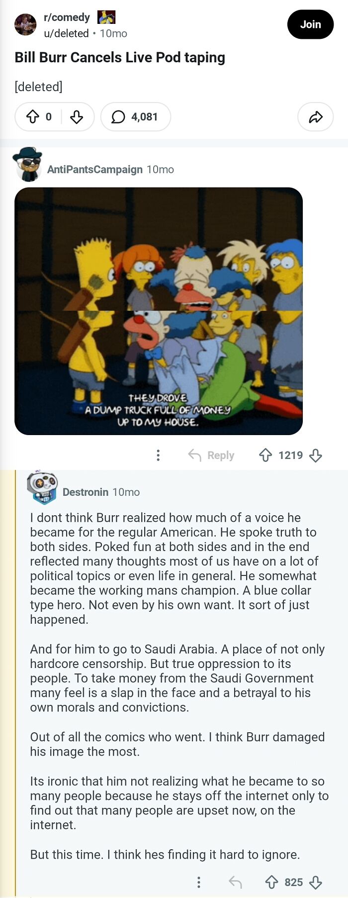 A screenshot of a Reddit post featuring The Simpsons, showing characters reacting to a large pile of money. This is one of the many comments that should be in the hall of fame.