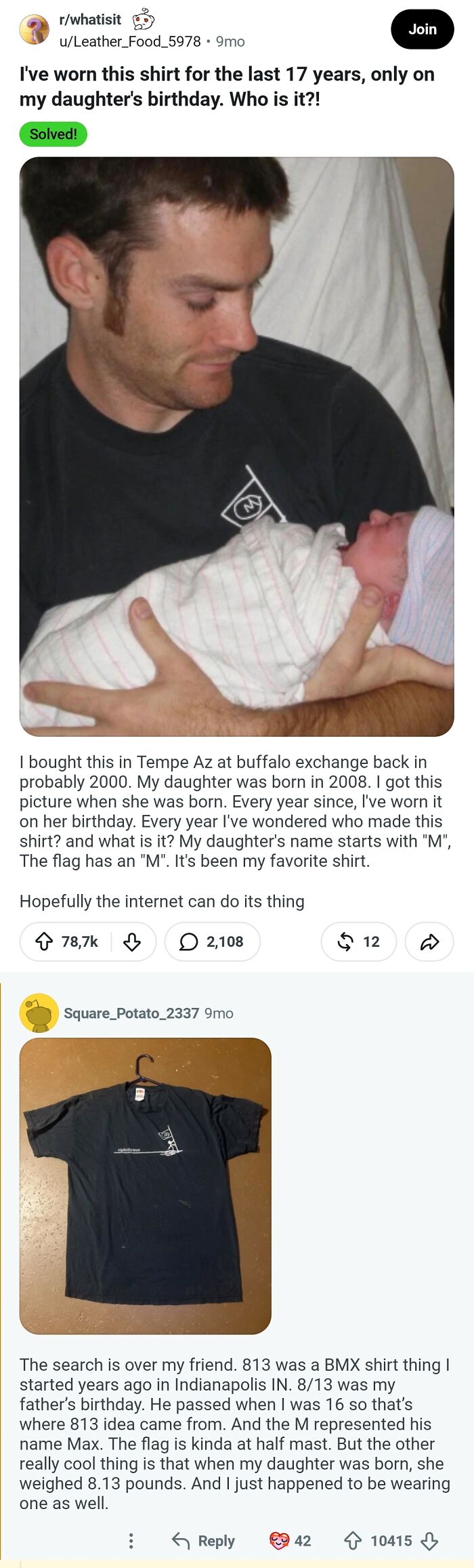 A screenshot of a Reddit post showing a man holding a baby, with an additional image of a black T-shirt below. This is one of the many comments that should be in the hall of fame.