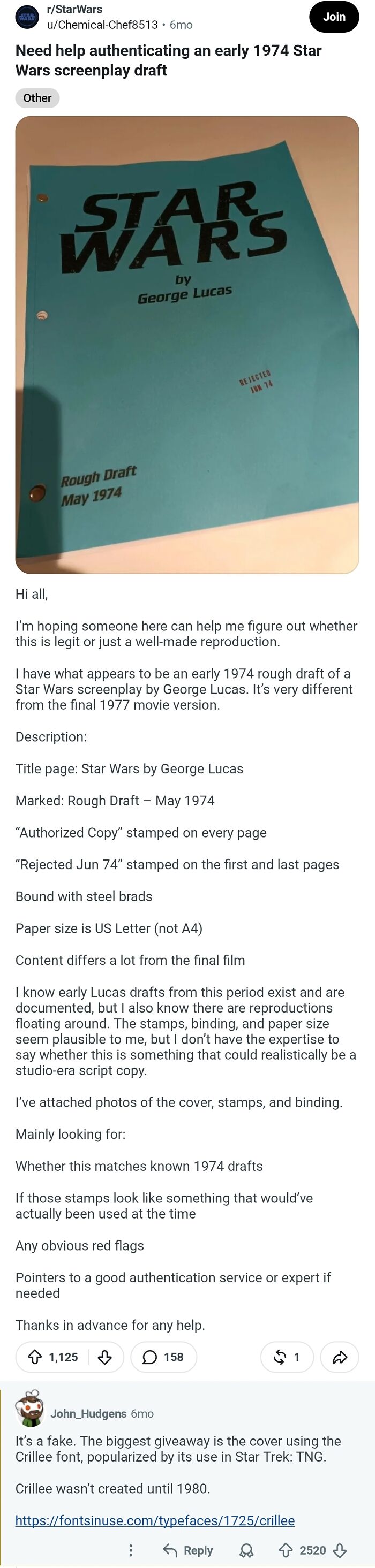 A screenshot of a Reddit post displaying an early 1974 Star Wars screenplay by George Lucas, which is among the comments that should be in the hall of fame.