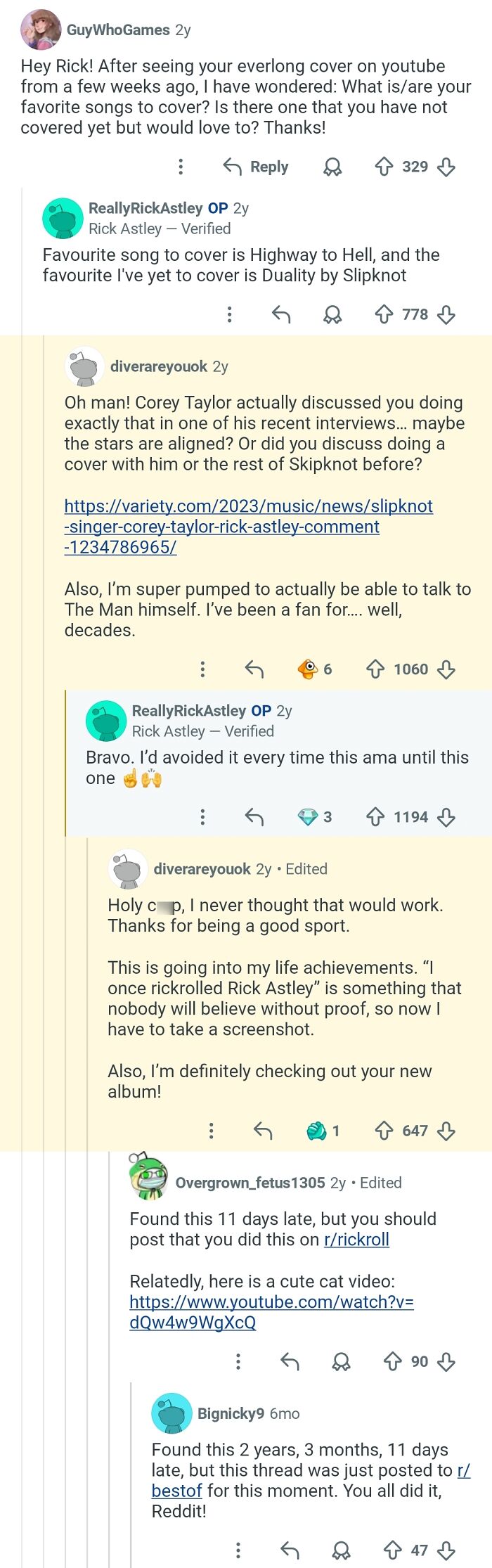 A screenshot of a Reddit post showing various comments about music and Rick Astley, highlighting discussions that should be in the hall of fame.