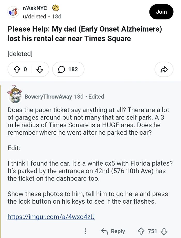 A Reddit post about comments that should be in the Hall of Fame, with a user asking for help finding a rental car.
