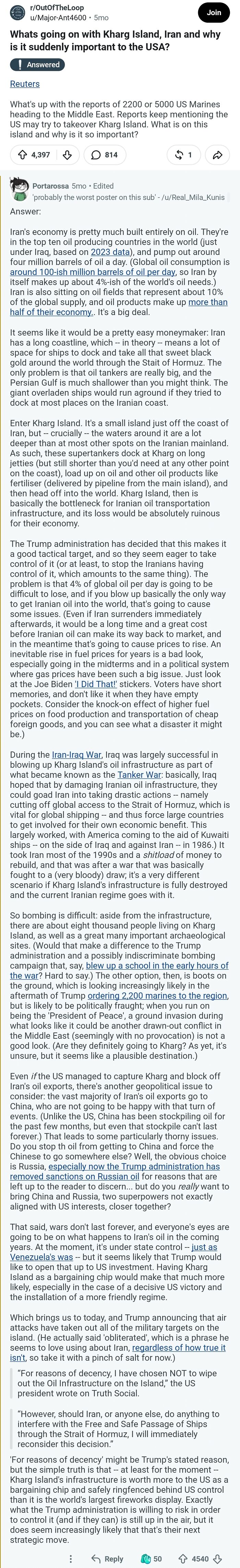 A lengthy Reddit discussion on comments that should be in the Hall of Fame, focusing on the importance of Iran's Kharg Island.