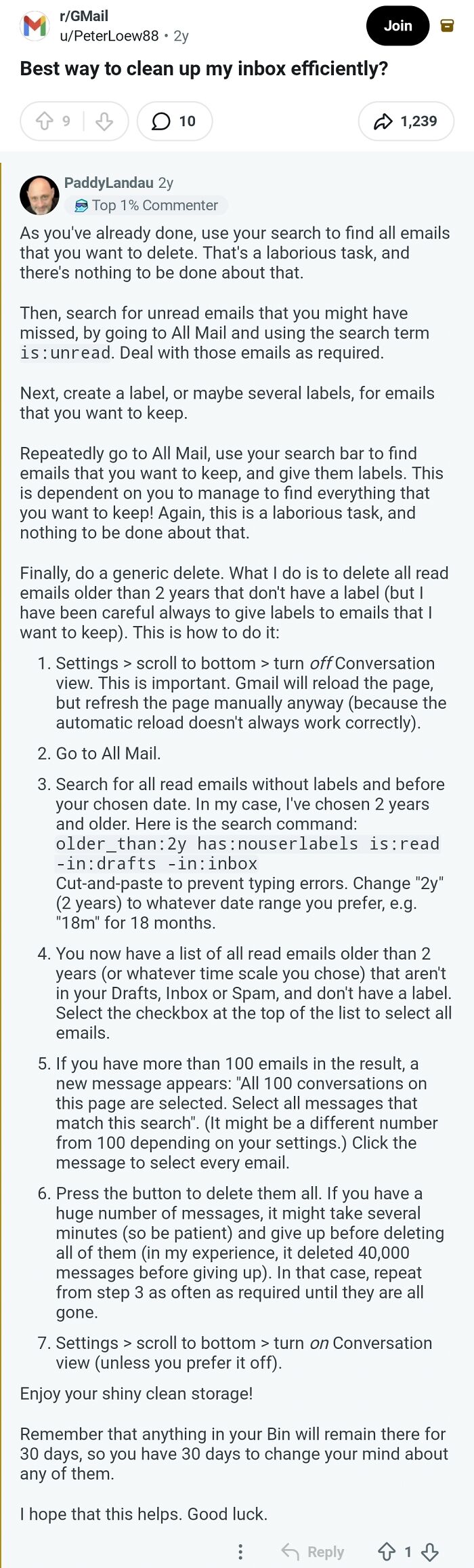 A Reddit post about cleaning up an email inbox efficiently, with methods for managing comments and old emails in the Hall of Fame.