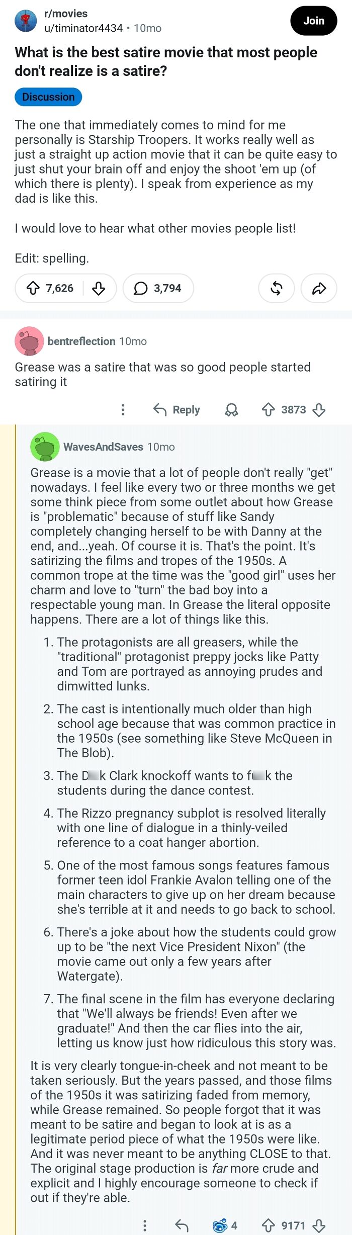 A Reddit thread discussing what the best satire movie is, featuring comments on films that should be in the Hall of Fame.