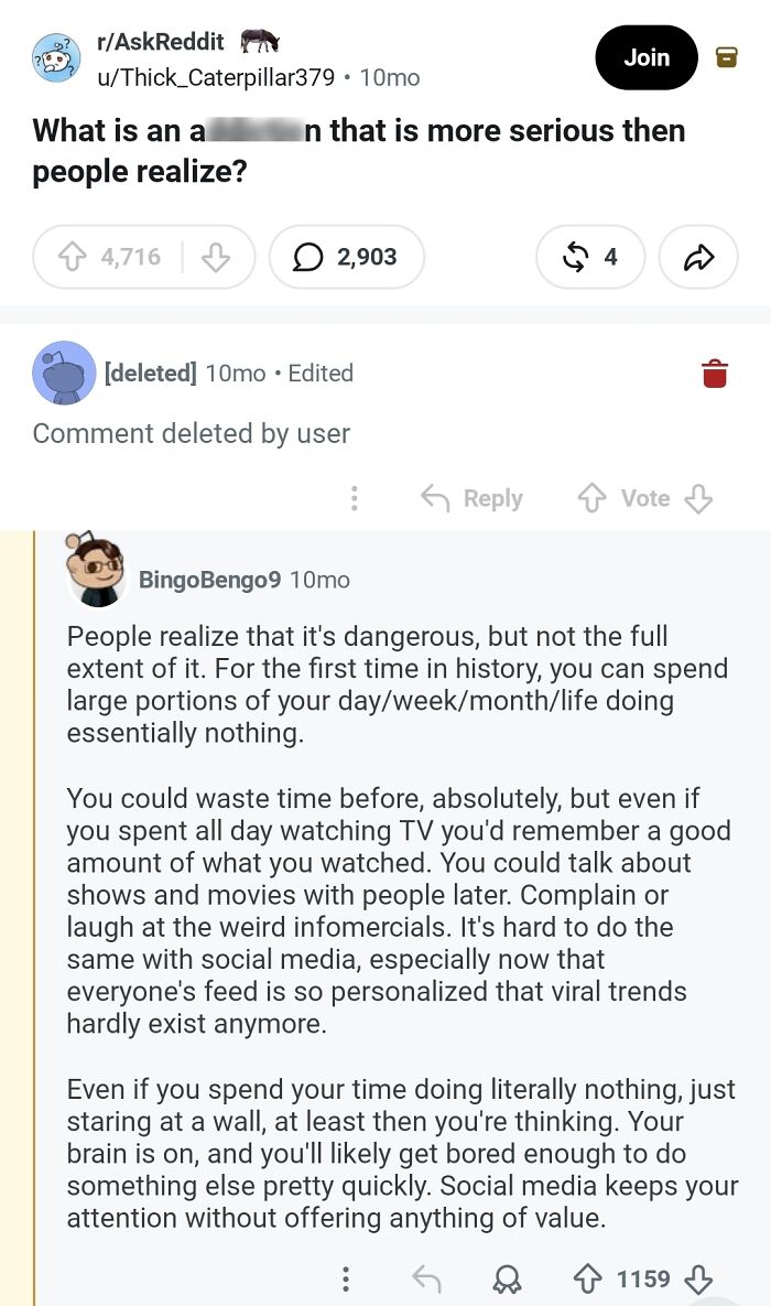 A Reddit post with deleted comments, discussing what is more serious than people realize, related to comments in the Hall of Fame.