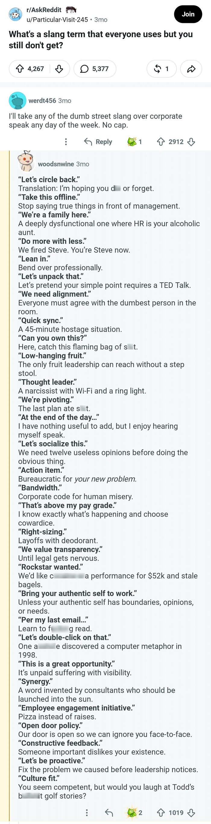 An image of an online post asking about slang everyone uses but still doesn't get, featuring numerous comments.