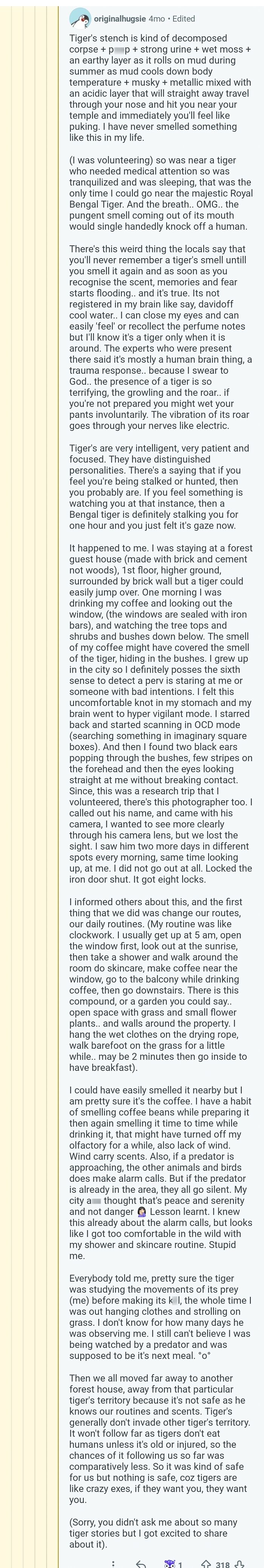 An image of an online post describing an experience with a tiger's sense of smell and other comments.