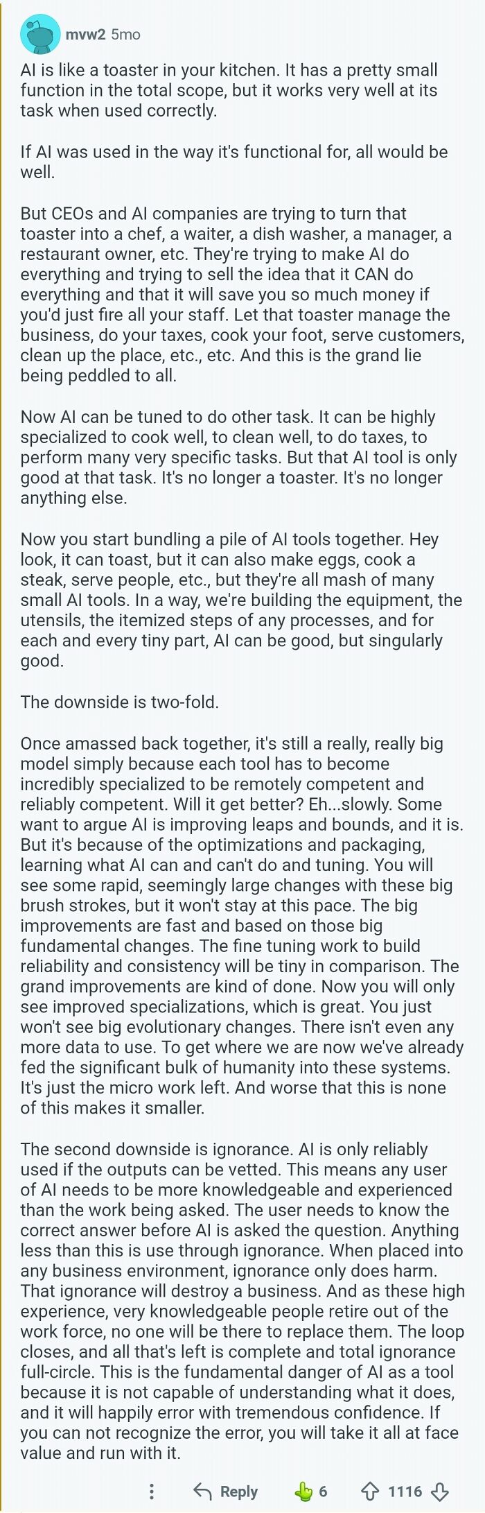 An image of an online post explaining AI as a toaster in your kitchen with various comments.