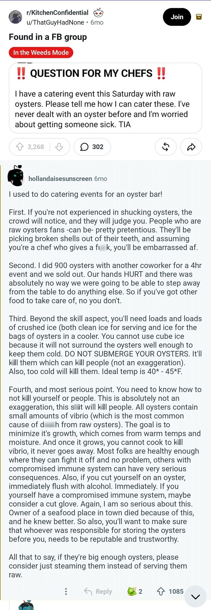 An image of an online post discussing a question about catering an oyster bar with comments.