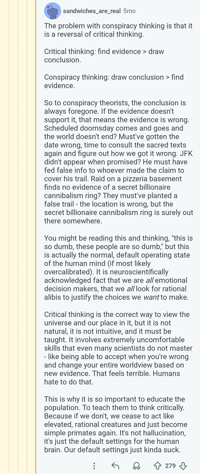 An image of an online post detailing critical thinking versus conspiracy thinking regarding comments.