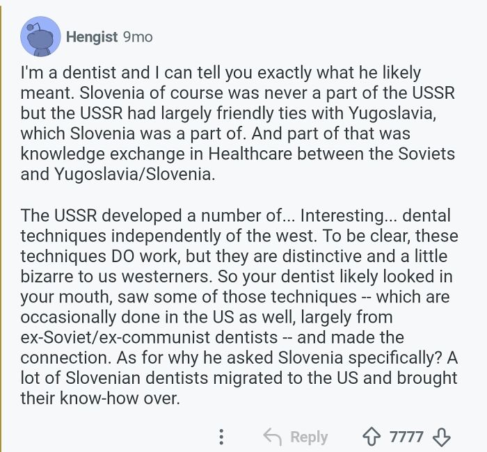 A Reddit post about comments that should be in the Hall of Fame, explaining the history of dentistry in Slovenia and the USSR.