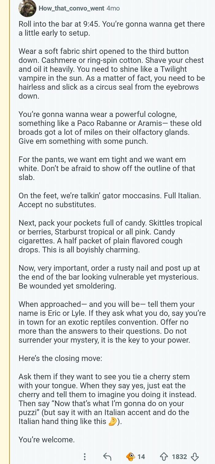 A Reddit post about comments that should be in the Hall of Fame, detailing a humorous guide to picking up women at a bar.