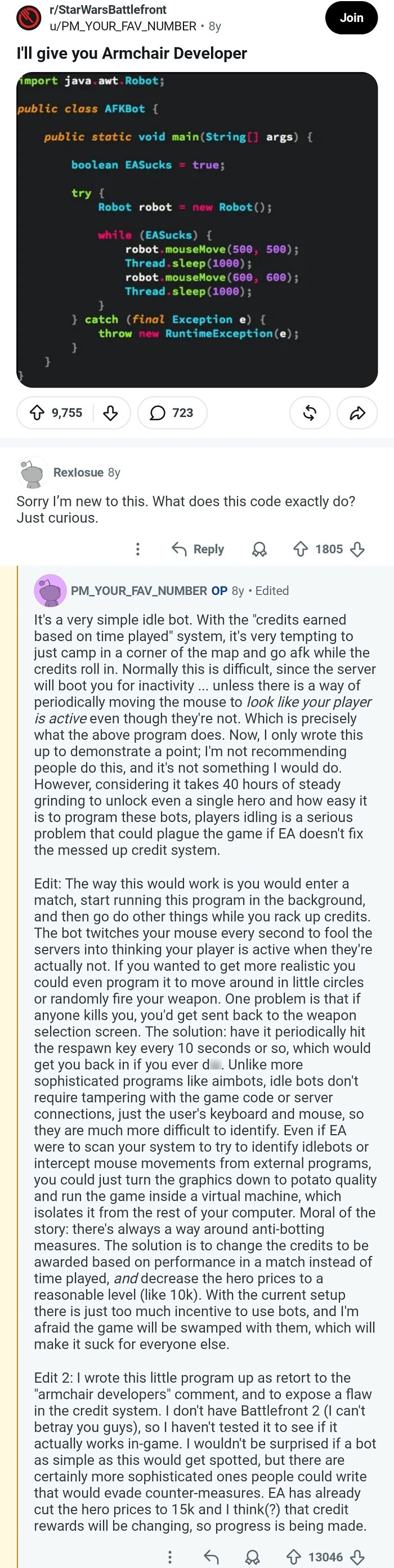 A Reddit post about comments that should be in the Hall of Fame, showing a code snippet and lengthy explanation about an AFK bot.