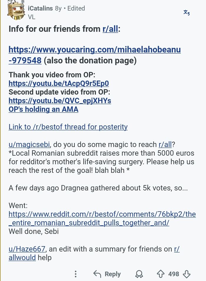 A Reddit post about comments that should be in the Hall of Fame, featuring a user's comment with links to donation pages.