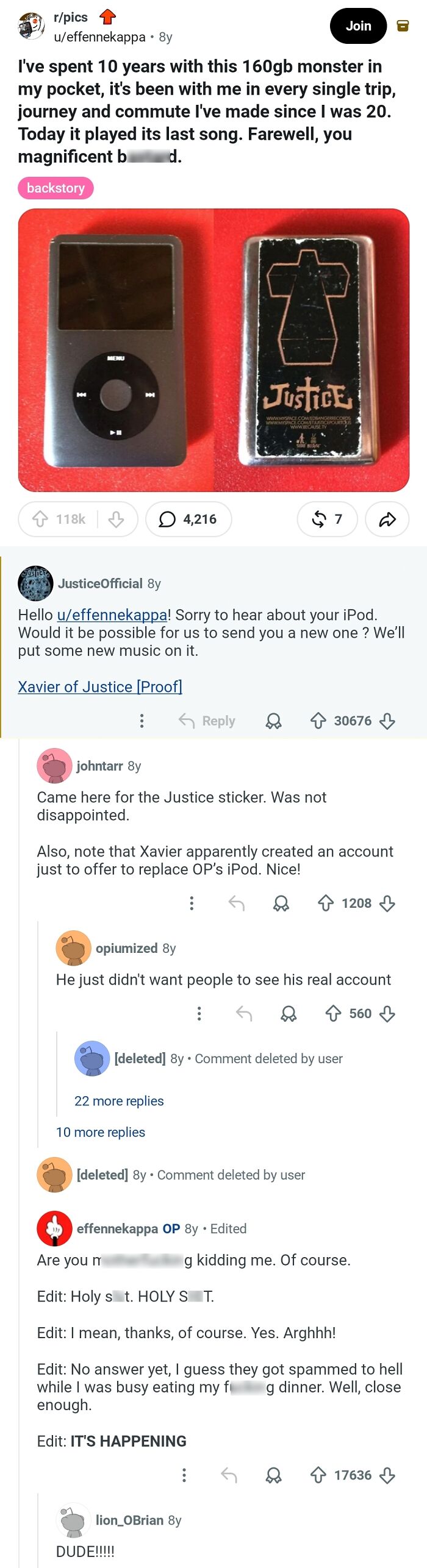 A Reddit post about comments that should be in the Hall of Fame, showcasing an iPod and a Justice sticker.