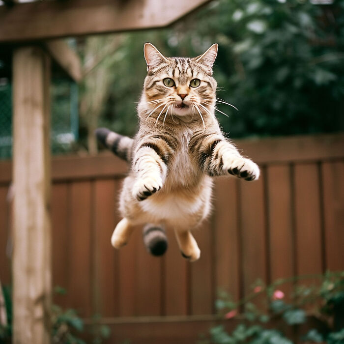 A tabby cat leaps in the air outdoors, showcasing the playful nature of pets and potential vet bills.