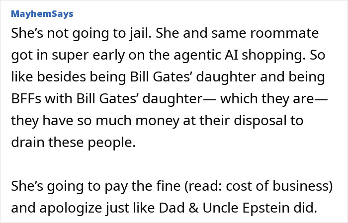 Screenshot of MayhemSays comment on Bill Gates daughter, her startup accused of fraud, avoiding prison.