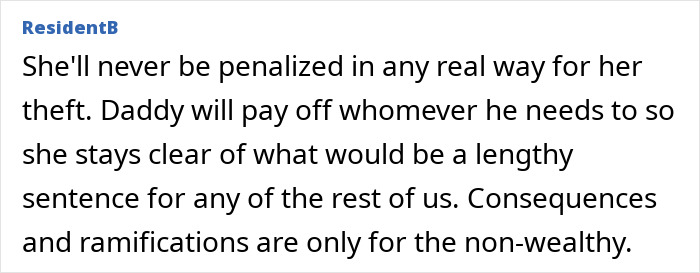 Screenshot of a comment discussing wealth and consequences for Bill Gates daughter's startup fraud, referencing a prison sentence.