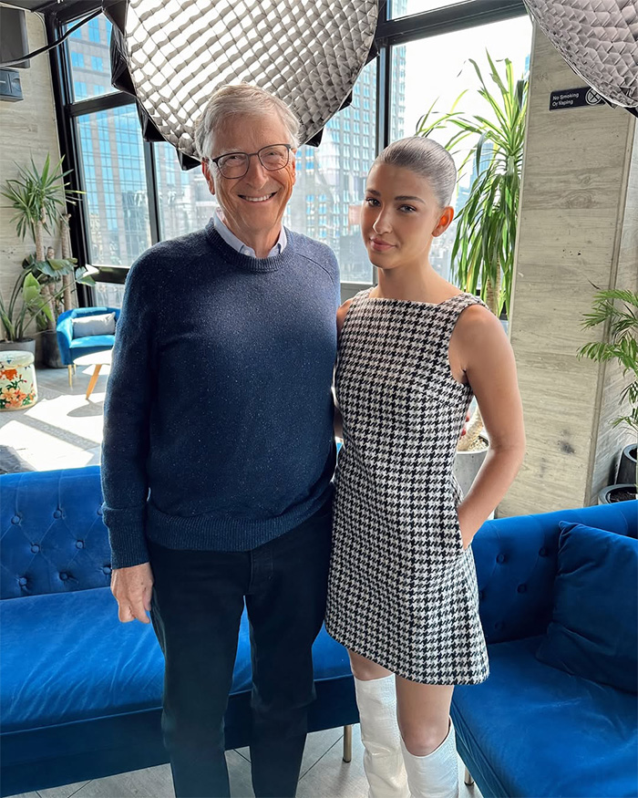 Bill Gates and his daughter, Jennifer Gates, smiling together, amidst the fraud accusations against her startup.