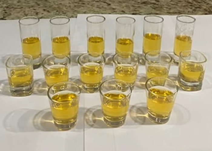 Several shot glasses filled with a yellow liquid, like drinks on a cruise ship, creating bizarre cruise ship incidents.