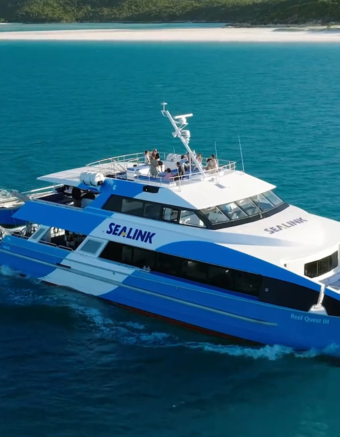A Sealink cruise ship sailing on turquoise waters, recalling bizarre cruise ship incidents with tourists.