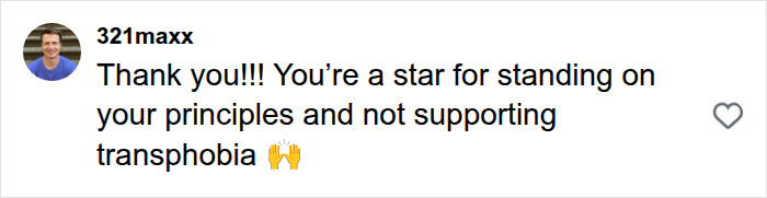 A social media comment praising the Black Mirror director for not supporting transphobia, regarding the Harry Potter series.