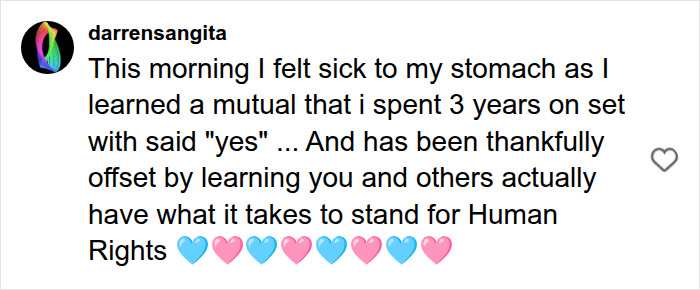 A social media post from darrensangita discussing a mutual friend and standing for Human Rights, related to the Black Mirror director.