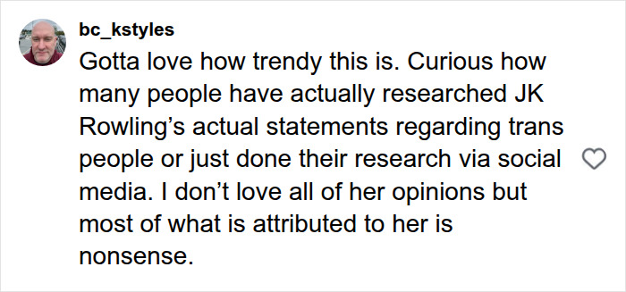 A social media post from bc_kstyles about JK Rowling's statements regarding trans people, related to the Harry Potter series director.