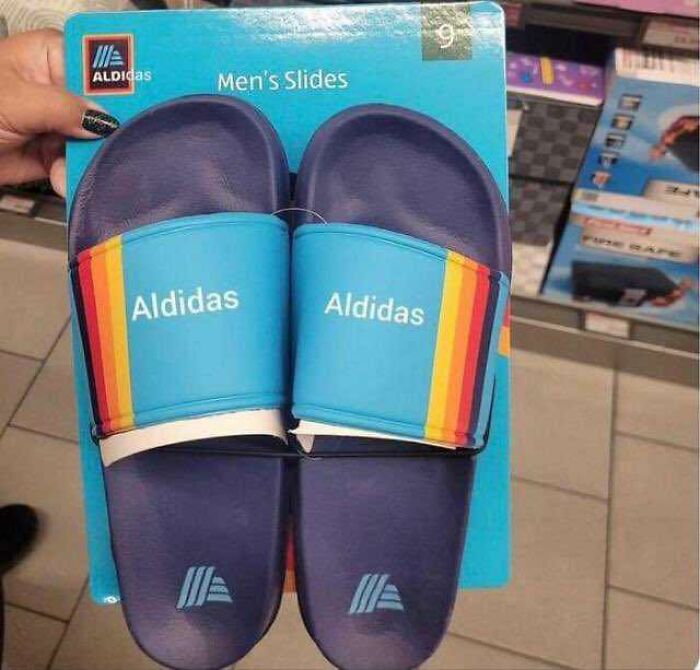Aldidas men's slides, a parody product showcasing the clever, dry British humor in branding.