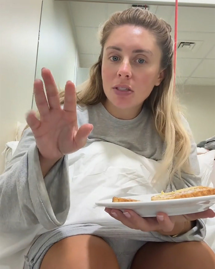 Bonnie Blue, after giving birth in the same hospital wing as Kate Middleton, eating a meal. Bonnie Blue, after giving birth in the same hospital wing as Kate Middleton, eating a meal.