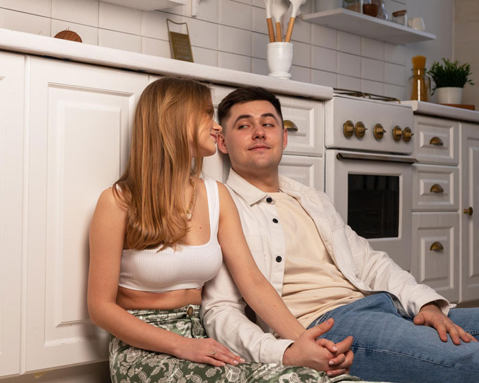 Man and ex-girlfriend in a kitchen, a story about playing friends against each other. Man and ex-girlfriend in a kitchen, a story about playing friends against each other.