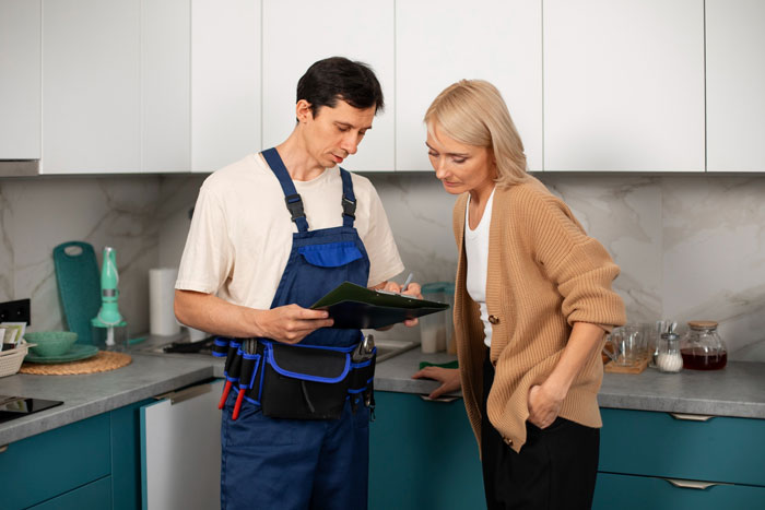 A man in overalls and a woman look at receipts. The man is playing his friends against each other. A man in overalls and a woman look at receipts. The man is playing his friends against each other.