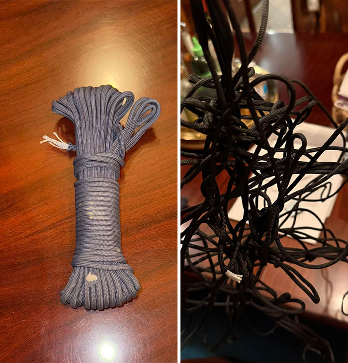 A before and after image of a man in relationships and a cat lady. A tightly wound grey rope on the left, and a tangled black rope on the right.