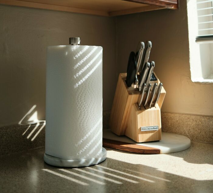 A roll of paper towels next to a knife block, illustrating a common poverty habit for home care.