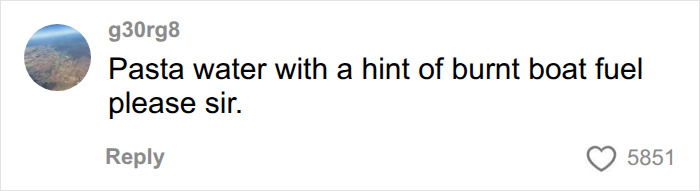 A social media comment criticizing Brooklyn Beckham's cooking video, mentioning pasta water and burnt boat fuel.