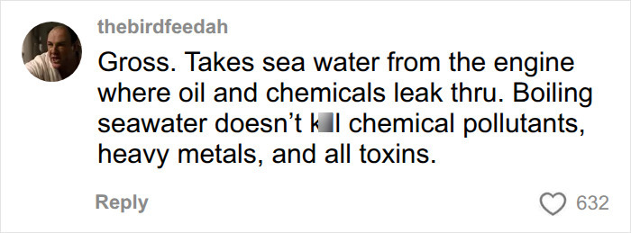 A comment roasting Brooklyn Beckham's cooking video for using sea water from the engine, pointing out background details.
