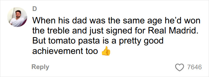 A Netizen comments on Brooklyn Beckham's cooking video, roasting his latest culinary efforts compared to his dad's achievements.