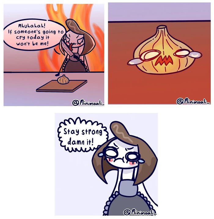 A three-panel comic by Minimaali depicting the absurdity of everyday life, showing a woman crying while cutting an onion.