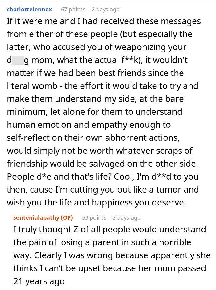 A Reddit comment discussing a Bachelorette date dispute and the end of a friendship with hurtful messages. A Reddit comment discussing a Bachelorette date dispute and the end of a friendship with hurtful messages.