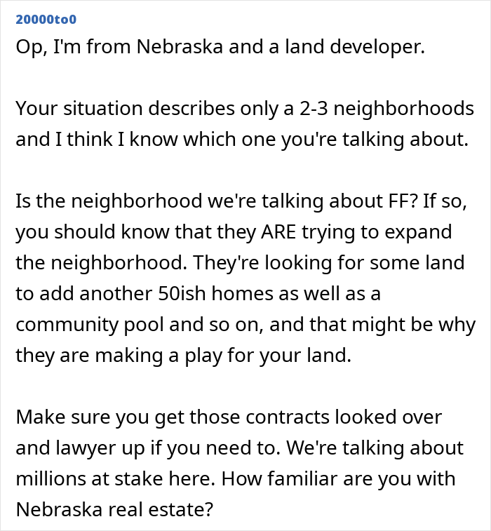 A Reddit user from Nebraska shares insights on a land developer's secret scheme against an HOA resident.