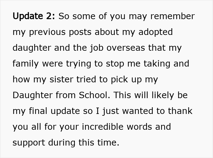 An update about the woman's adopted daughter and the sister who tried to kidnap the baby from school. An update about the woman's adopted daughter and the sister who tried to kidnap the baby from school.