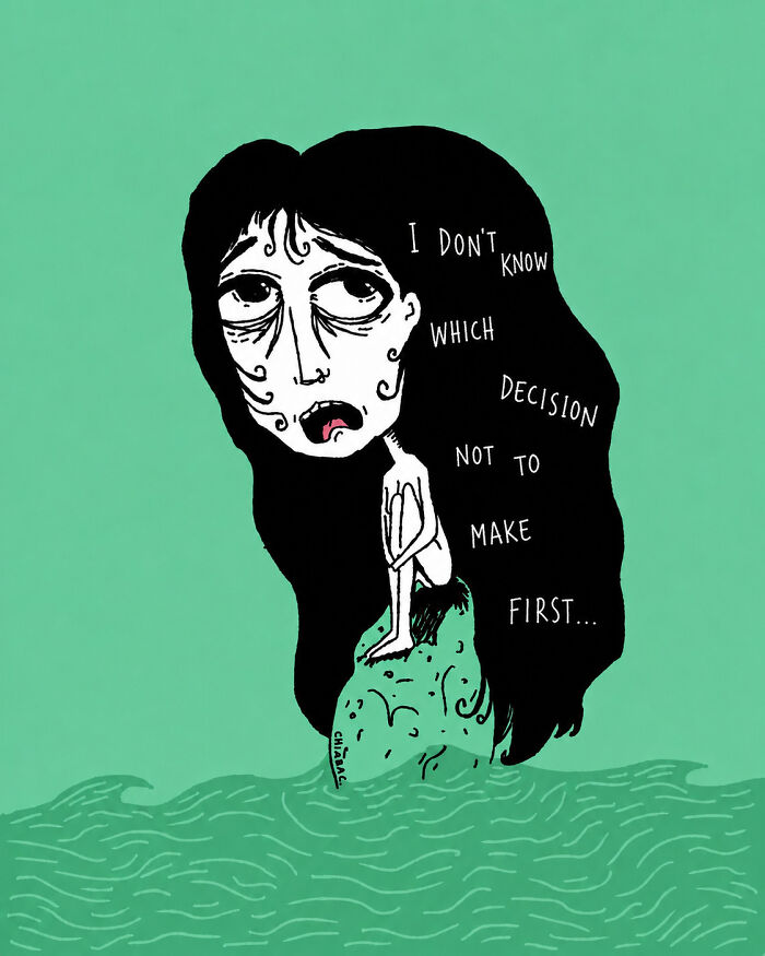 Illustration of a woman feeling overwhelmed with modern society decisions, sitting on a rock in water, with text I DON'T KNOW WHICH DECISION NOT TO MAKE FIRST...