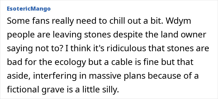 A lengthy comment from EsotericMango criticizing Harry Potter fans for interfering with massive plans, causing a reroute of a $500M undersea cable for a fictional grave.