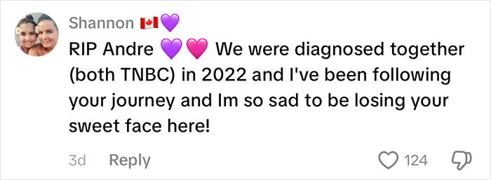 Shannon's comment on a TikTok goodbye video, sharing a personal connection of diagnosis with the passed TikToker. Shannon's comment on a TikTok goodbye video, sharing a personal connection of diagnosis with the passed TikToker.