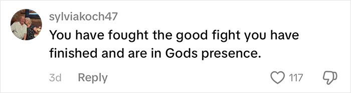 A comment from sylviakoch47 on a TikTok goodbye video, offering comfort and peace after a passing. A comment from sylviakoch47 on a TikTok goodbye video, offering comfort and peace after a passing.