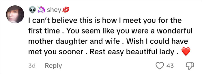 A TikTok comment from shey wishing she could have met the wonderful TikToker sooner, lamenting her passing. A TikTok comment from shey wishing she could have met the wonderful TikToker sooner, lamenting her passing.