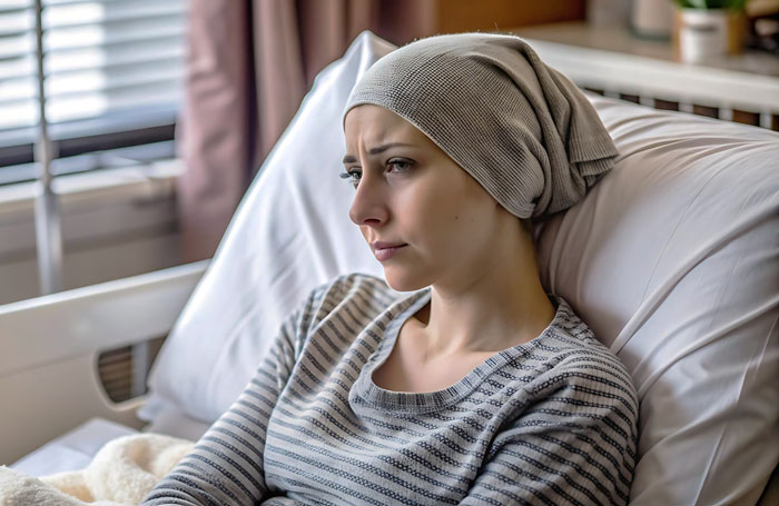 A sad young woman with a head covering in a hospital bed, looking out the window, after recording her final message. A sad young woman with a head covering in a hospital bed, looking out the window, after recording her final message.