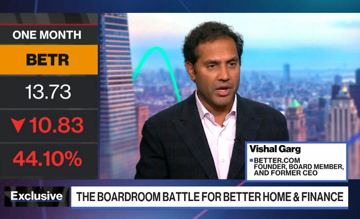 Vishal Garg, former CEO who went viral for firing 900 employees, interviewed on news with stock data.
