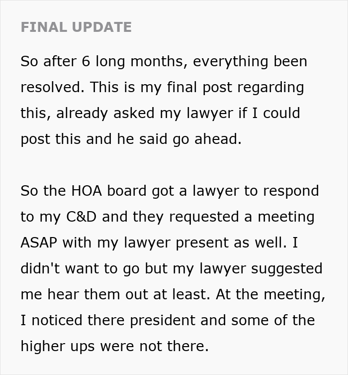Text update detailing how an HOA board responded to a resident's C&D, seeking a meeting to resolve a secret scheme.