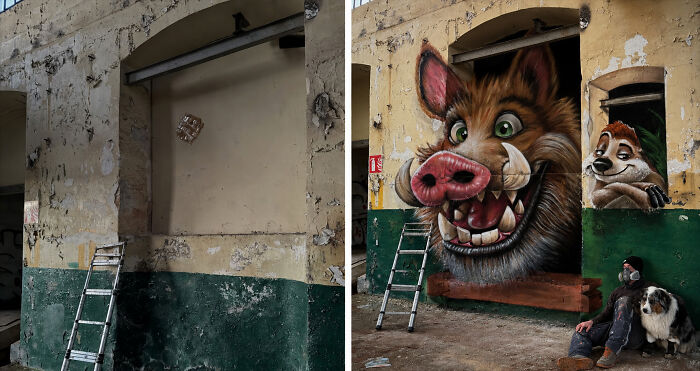 French artist creating mind-bending 3D illusions: A wild boar and squirrel painted on an old wall, before and after.